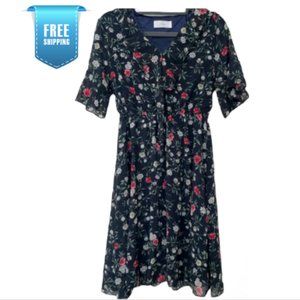 Ruffle Floral Feminine Short Sleeves Black Midi Dress - Size Small to Medium